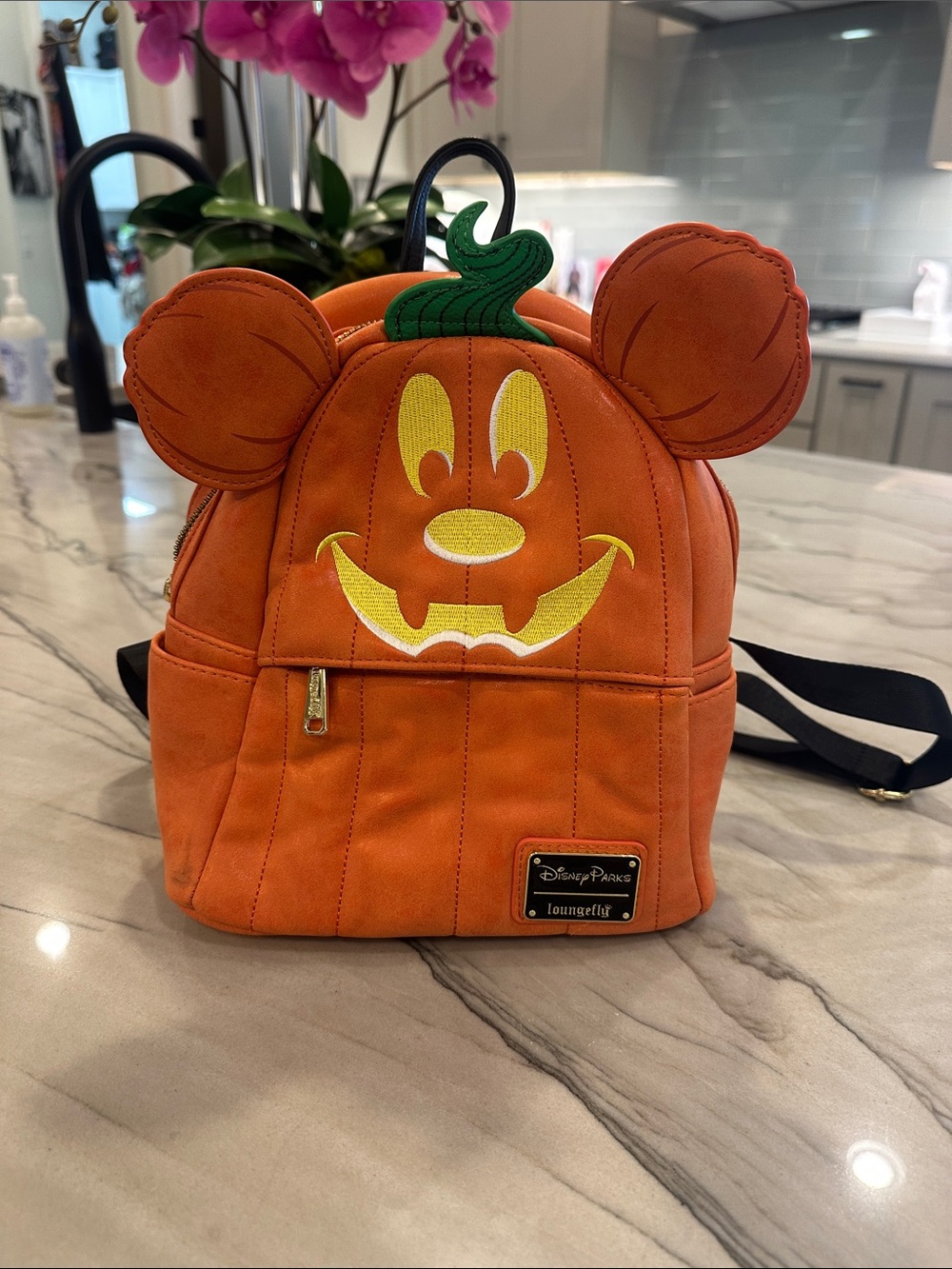 Loungefly Orange Pumpkin Mickey Ear Mini Backpack with Green Stem Accent